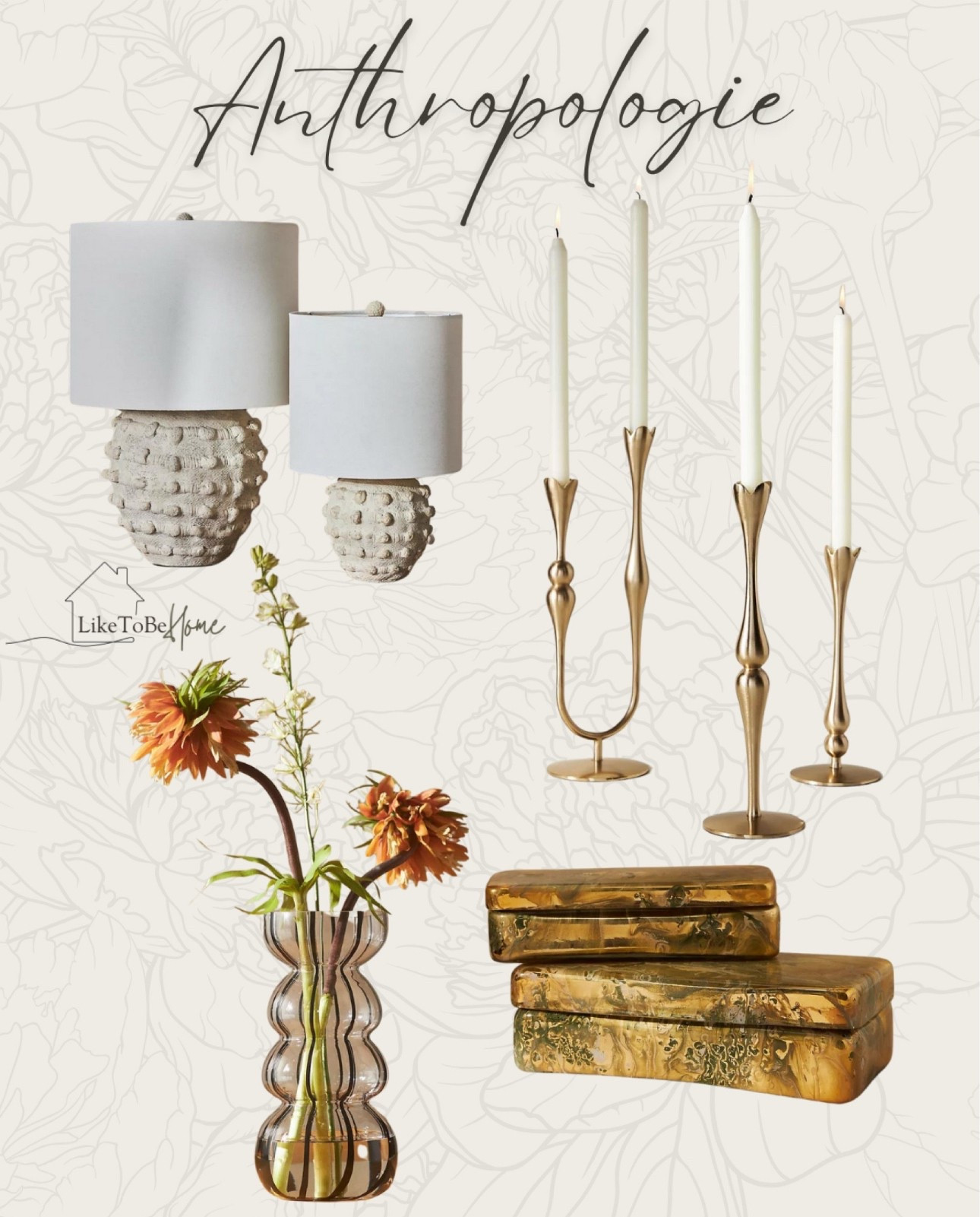 Elegant and timeless Anthropologie home finds—warm tones, sculptural details, and a touch of vintage charm.

SEO Keywords:
Anthropologie home decor, modern vintage styling, gold candlesticks, sculptural glass vase, statement lighting, decorative storage boxes, elegant home accessories, warm neutral aesthetic, timeless interior design, cozy luxury decor