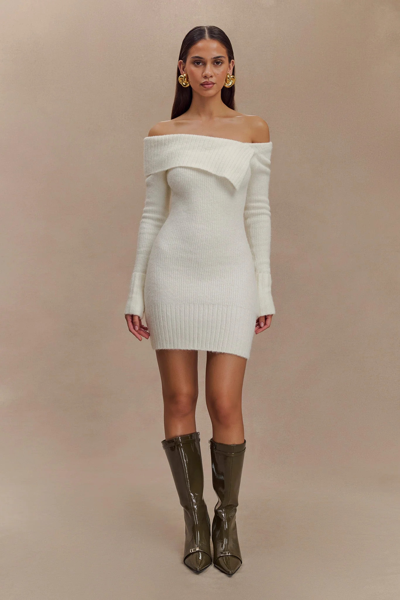 Stephanie Asymmetric Knit Mini Dress - Ivory | MESHKI US