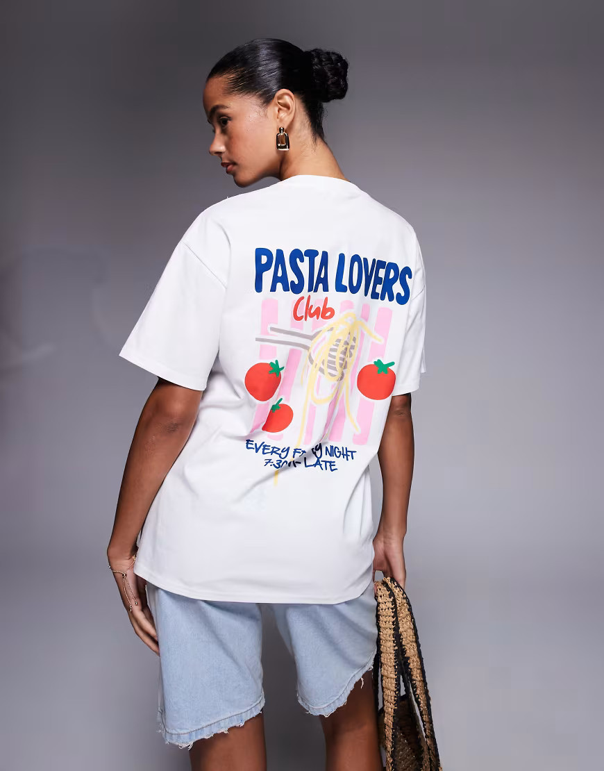 Kaiia exclusive cotton Pasta Lovers Club back graphic oversized t-shirt in white | ASOS (Global)
