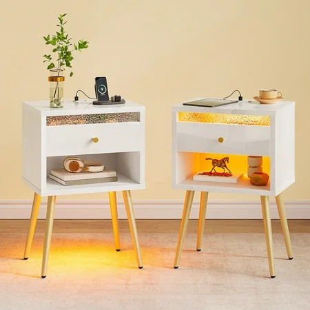 Pinmoco Set of 2 LED Nightstand with Charging Station, Modern Bedside Table with Drawer and Open Storage for Bedroom, White | Walmart (US)