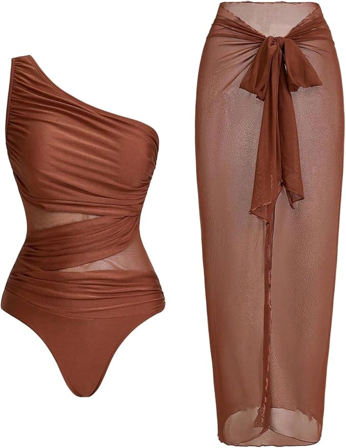 SHENHE Women's One Piece Swimsuit with Cover Up Sarong Wrap One Shoulder Mesh Bathing Suit       ... | Amazon (US)