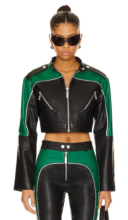Camila Coelho Cropped Moto Biker Leather Jacket in Green,Black. - size M (also in S, XS, XXS) | Revolve Clothing (Global)