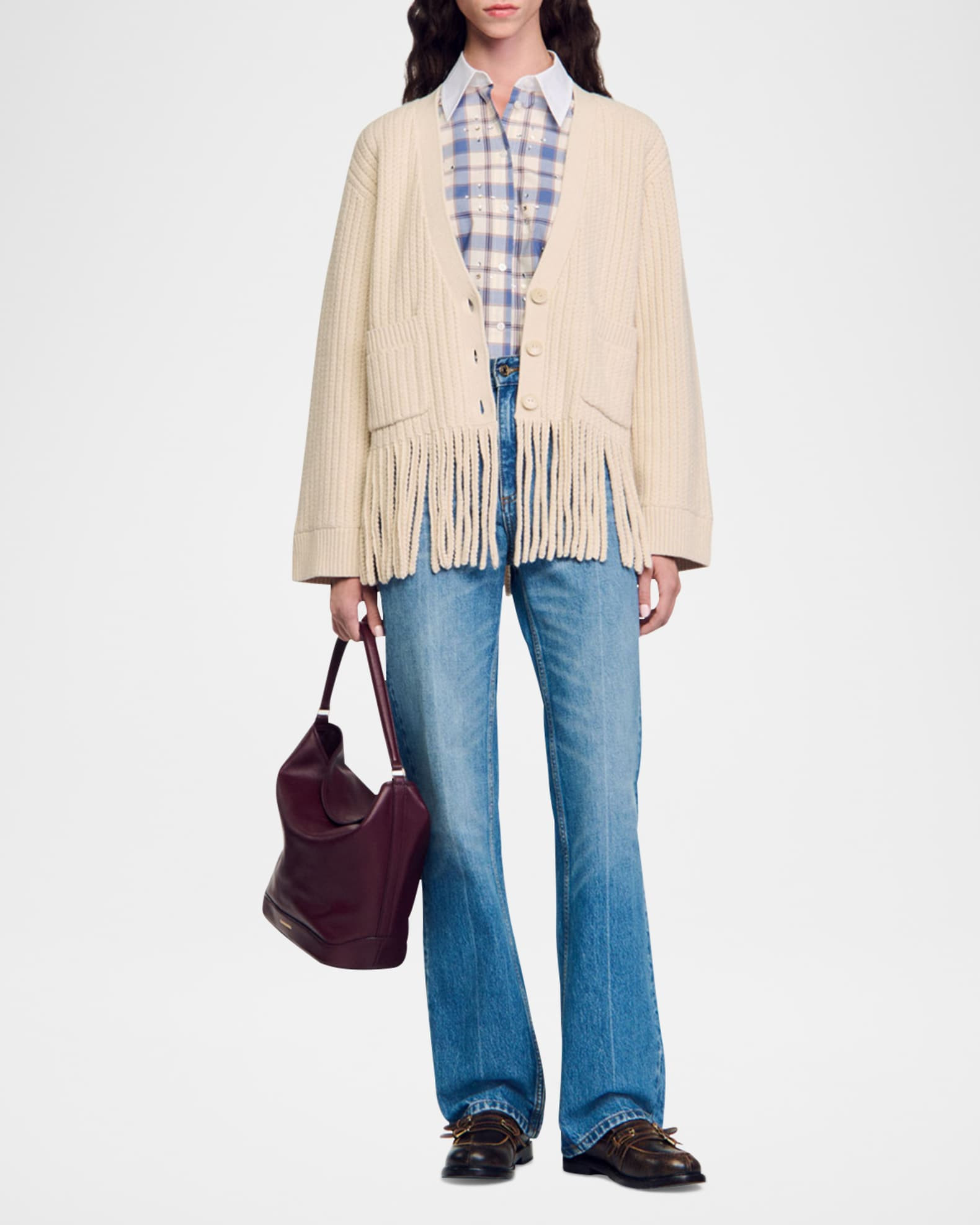 Sandro Zoe Textured Fringe-Trim Cardigan | Neiman Marcus