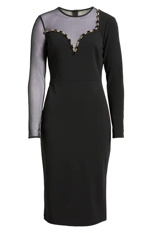 Vince Camuto Long Sleeve Beaded Crepe Midi Dress in Black at Nordstrom, Size 14 | Nordstrom