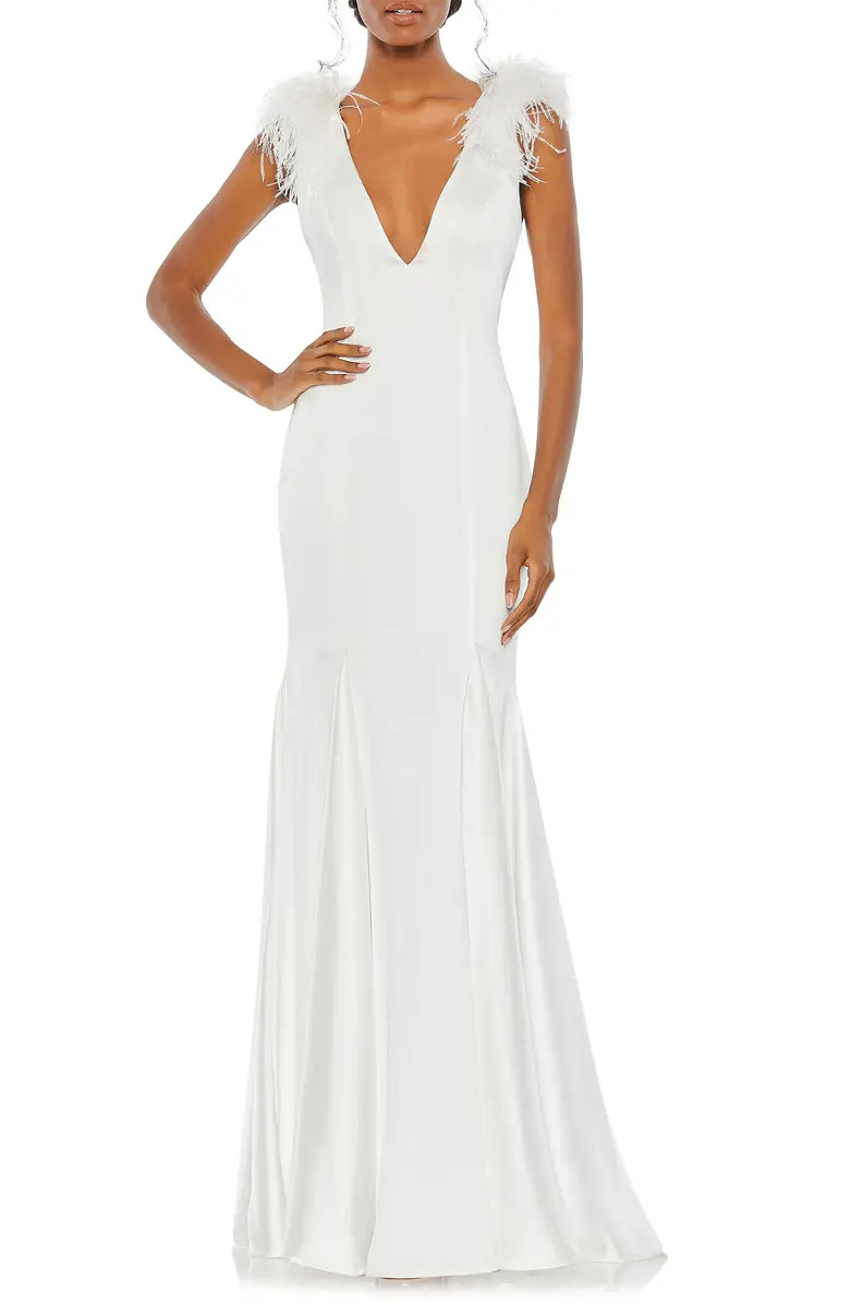 Mac Duggal Feather Detail Satin Sheath Gown | Nordstrom | Nordstrom