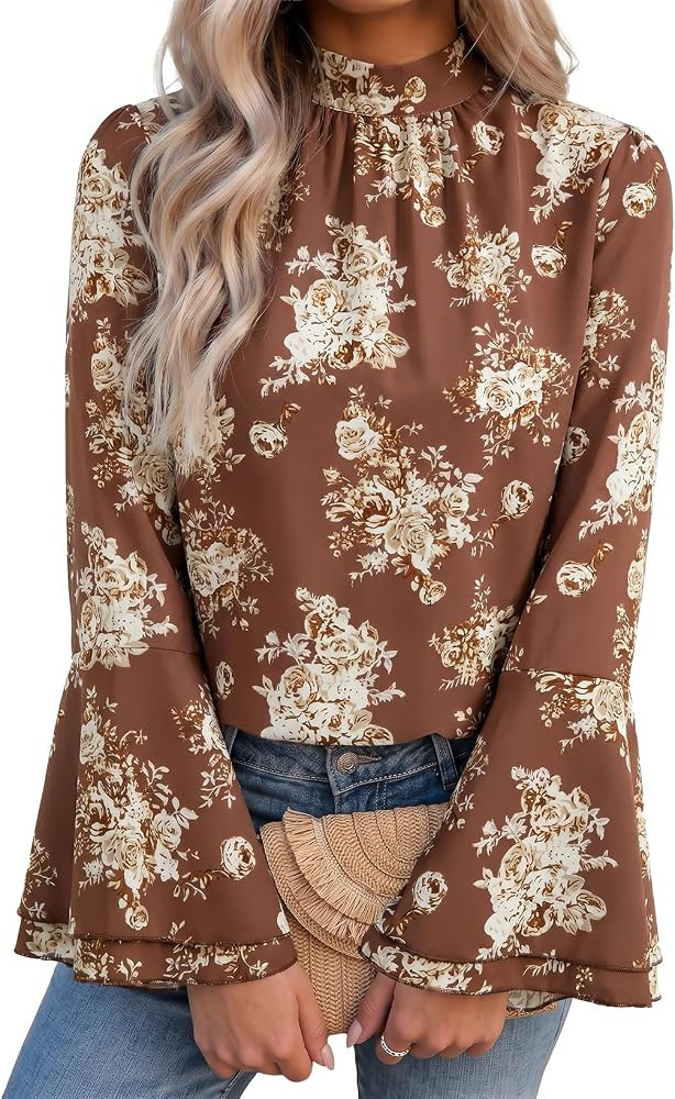 Dokotoo Womens Tops Boho Floral Long Bell Sleeve Mock Neck Pleated Front Tie Knot Back Casual Elegant Blouses Shirts | Amazon (US)
