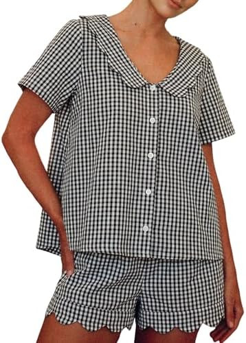 Yimoon Womens Gingham Pajama Set Plaid Short Sleeve Babydoll Top and Shorts Summer Cotton Sleepwe... | Amazon (US)