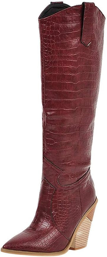 HENWERD Women's Chunky Heel Knee High Boots Comfortable Pointed Toe Western Cowboy Boots | Amazon (US)