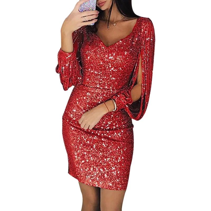 Women's Fahsion V-neck Sequin Dress Tassel Long-sleeved Slim Fit Dress Evening Bodycon Dress Club... | Walmart (US)