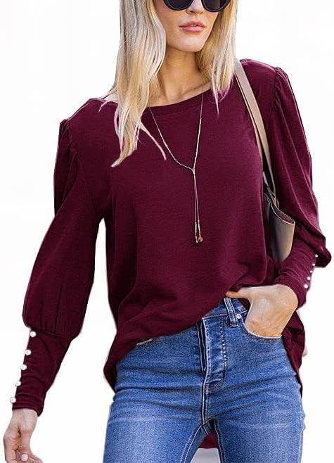 MAKARTHY Puff Sleeve Tops for Women Boat Neck Fall Long Sleeve Shirt Dressy Casual Tunics | Amazon (US)