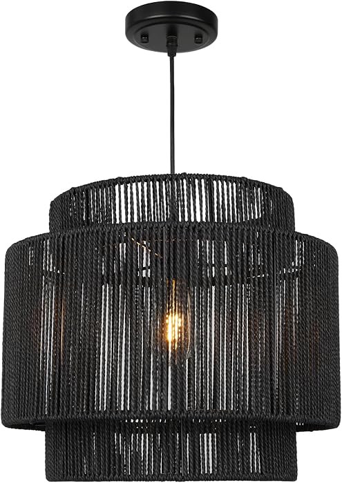 16 Inch Large Natural Simple Hand Weaved Rattan Pendant Lamp, Coastal Beach Black Rope Hanging Pe... | Amazon (US)