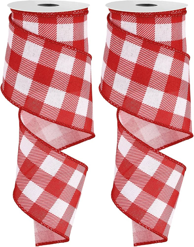 Whaline 2 Rolls Wired Edge Plaids Ribbon Buffalo Check Ribbon Red White Plaids Ribbon 2.5 Inch Fa... | Amazon (US)