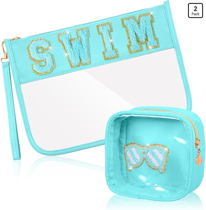 Hillban 2 Pcs Swim Bag Chenille Letter Preppy Patch Makeup Pouch Flat Clear Pouch PVC Organizer P... | Amazon (US)