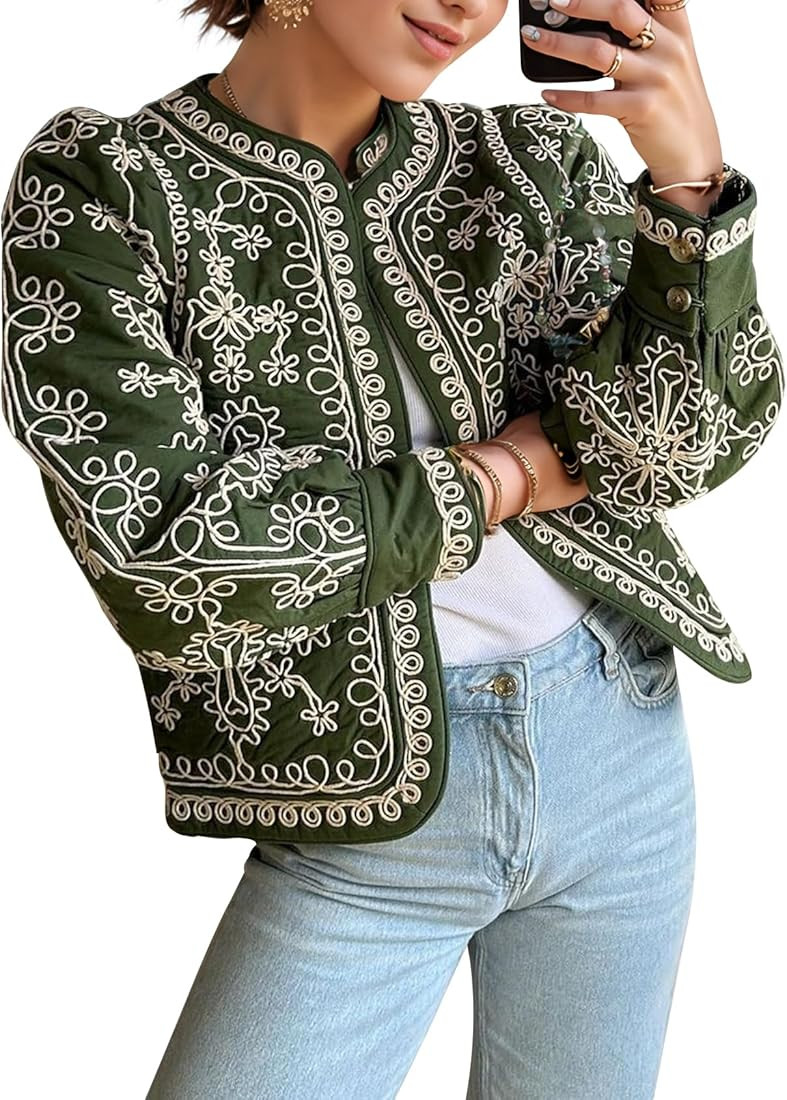 COZYPOIN Women's Floral Quilted Jacket Short Front Open Print Long Sleeve Lightweight Coat | Amazon (US)