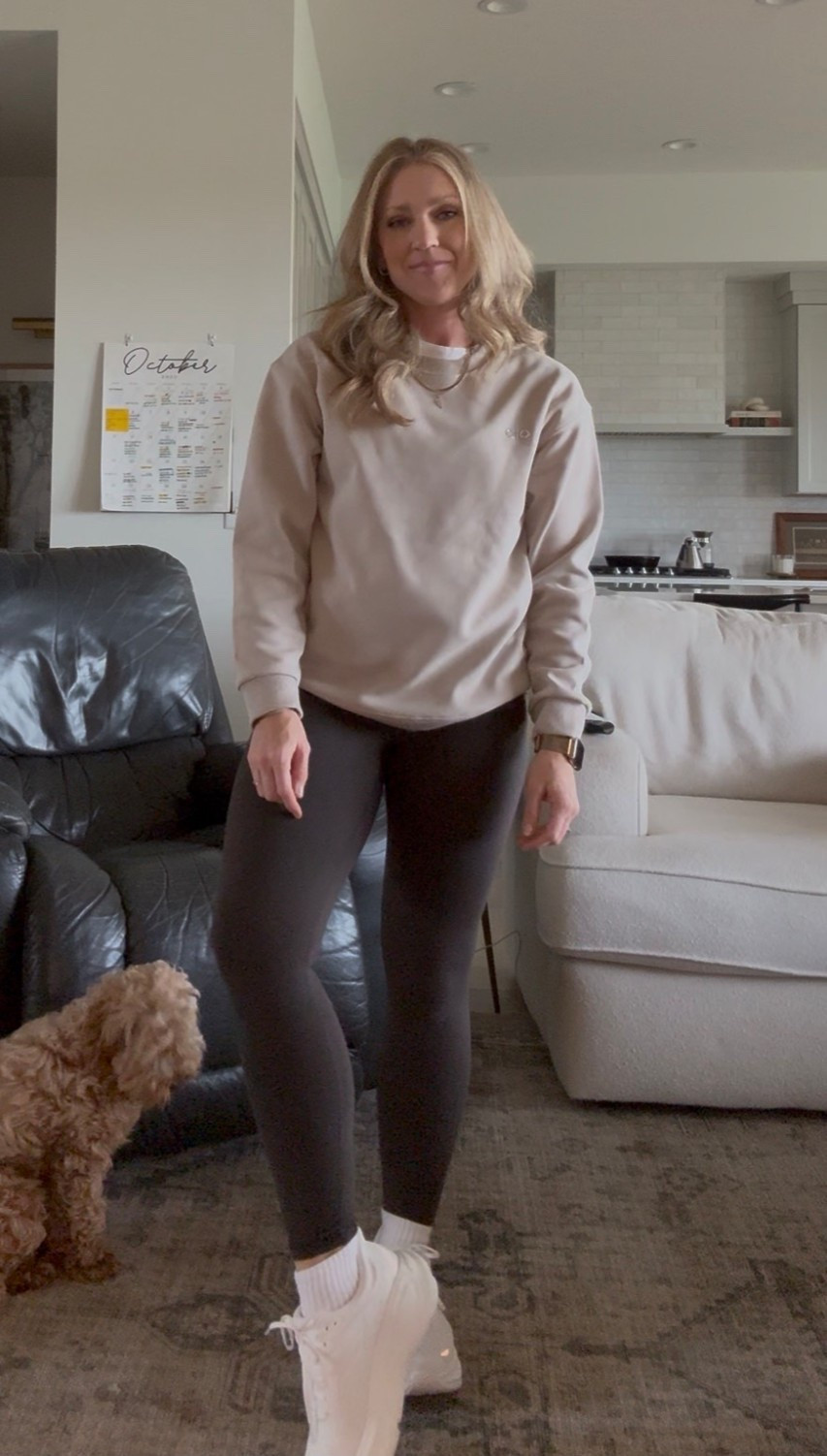 Alo sweatshirt and athleta leggings Hoka sneakers