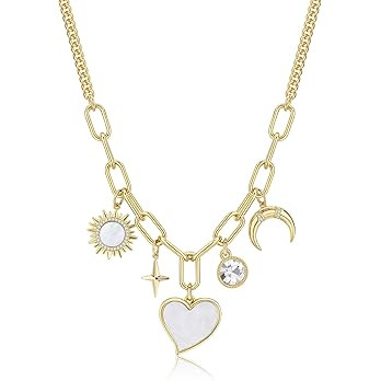 Chunky Charm Necklace, Multi Heart Sun Moon Pearl Jade Healing Crystal Charm with 14k Gold Plated... | Amazon (US)