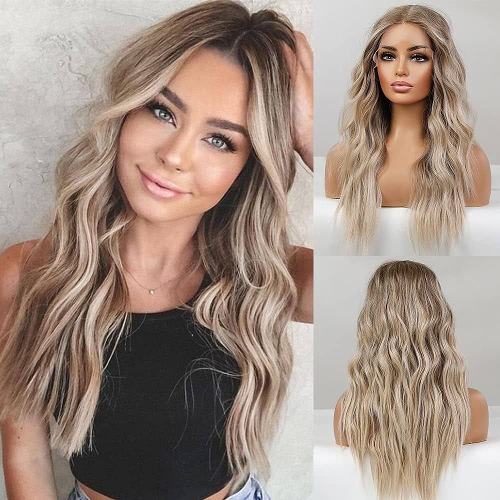 EMMOR Long Ombre Blonde Lace Front Wig for Women,25 Inch Natural Wavy Daily Hair Synthetic Lace W... | Amazon (US)