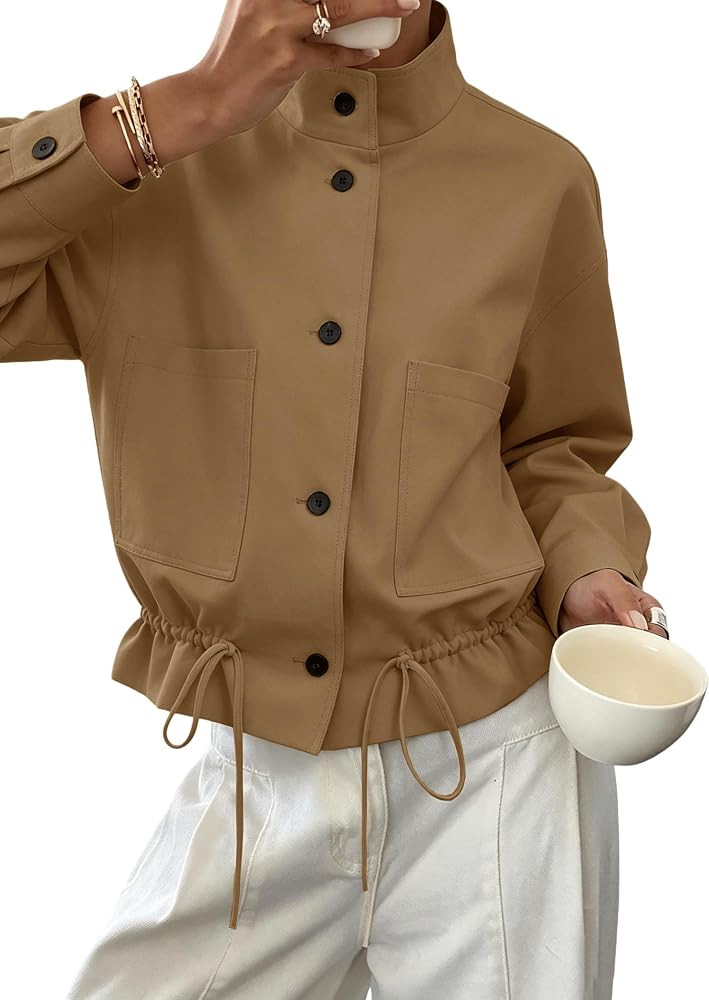 Womens Funnel Neck Jackets Fall Casual Ruffle Hem Cropped Coats | Amazon (US)