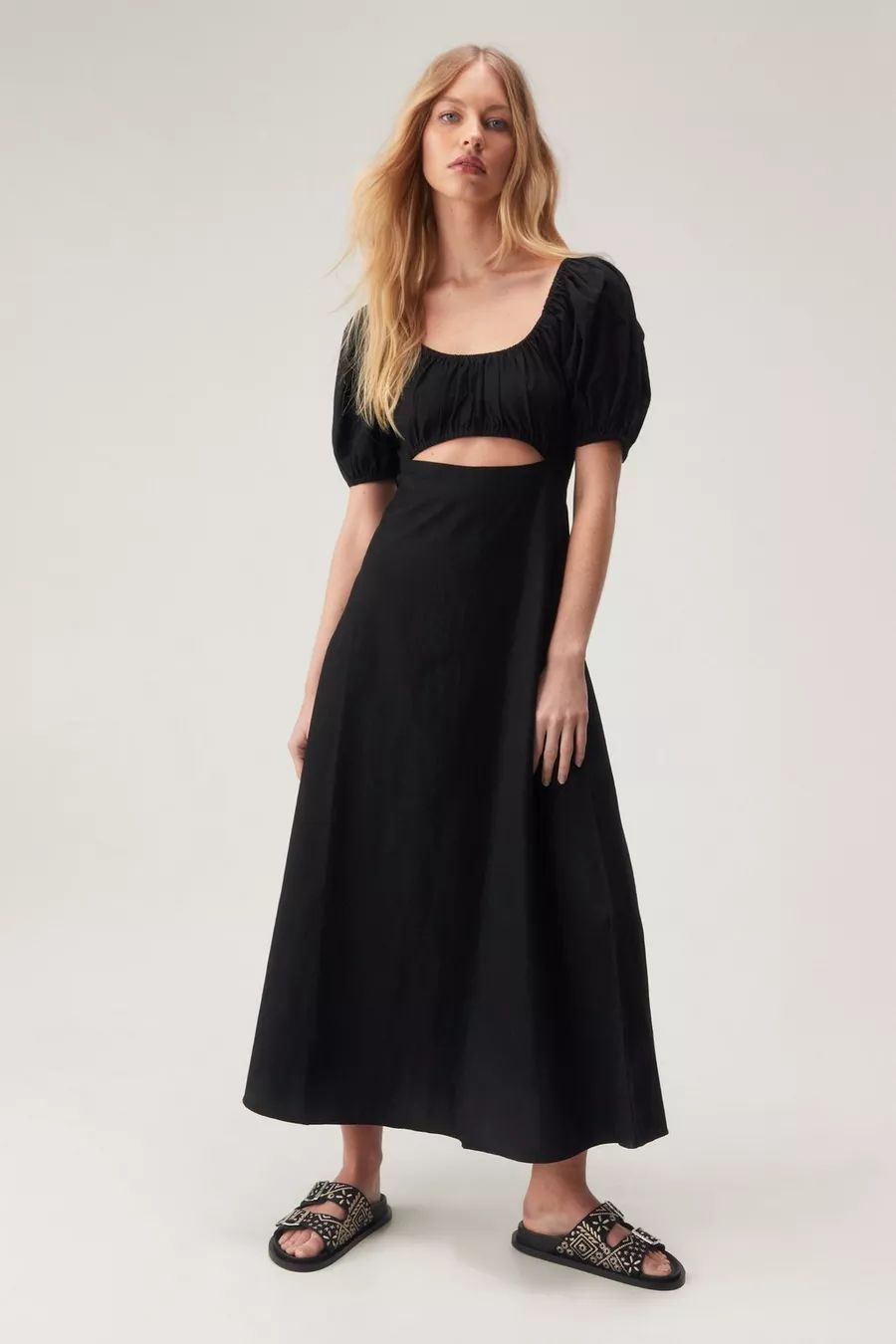 Linen Mix Puff Sleeve A Line Maxi Dress | Nasty Gal US