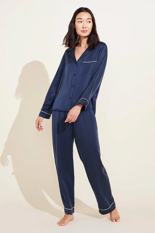 Inez Washable Silk Long PJ Set - Navy/Champagne | Eberjey