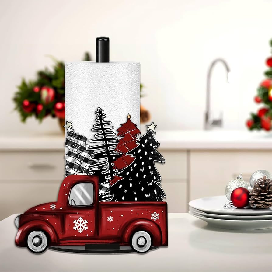 Christmas Paper Towel Holder, Red Truck Christmas Decor, Buffalo Plaid Christmas Tree Towels Pape... | Amazon (US)