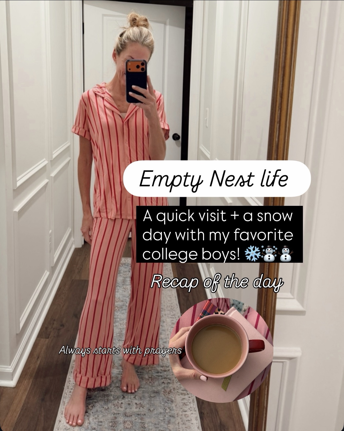 POV: Twenty-four hours. That’s all we had… and somehow it was exactly what we needed. The boys came home to grab a few things they’d left behind at Christmas, and this was only weekend that worked and Mother Nature slipped in a little snowstorm to keep them here just a tiny bit longer. ❄️ So, we spent the morning slow and sweet… coffee, prayers, laughter, filming a fun family reel. Ran to Costco for the essentials every college pantry somehow runs out of. Came home, played in the snow, napped, and soaked up every ordinary moment that doesn’t feel ordinary at all anymore. Then just like that, coats on, hugs tight, and they were headed back to Auburn before night settled in (Mason serves at church on Sundays 💛). The night ended with me in my comfies, watching their little dots move on the “Find My app” waiting on the text that says “We made it.” It was short… It was sweet… it was exactly what my empty nester heart needed. ❄️🥰

#LTKmomlife #LTKdayinmylife #LTKgrwm