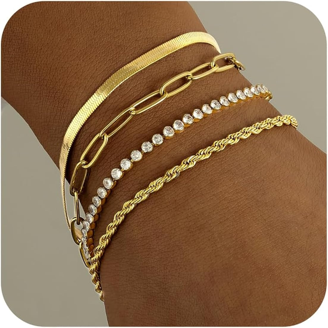 Gold Link Bracelets Sets for Women Girls, 14K Gold Plated Dainty Classic Adjustable Paperclip Lay... | Amazon (US)