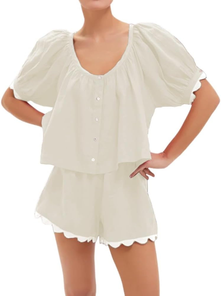 VAOYIU Women's Casual Elegance Two-Piece Linen Outfit Set with Scalloped Hem Summer Round Neck Pu... | Amazon (US)