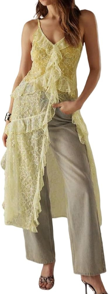 Women Sheer Floral Lace Cami Tops Spaghetti Strap Ruffle Flowy Long Tank Tops Sexy Split Front Go... | Amazon (US)