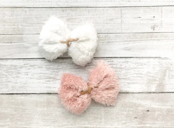 Faux Fur Hair Bow, White Shimmer Fur Headband, Furry Baby Headband, Pink Pigtail Bows, Small Baby... | Etsy (US)