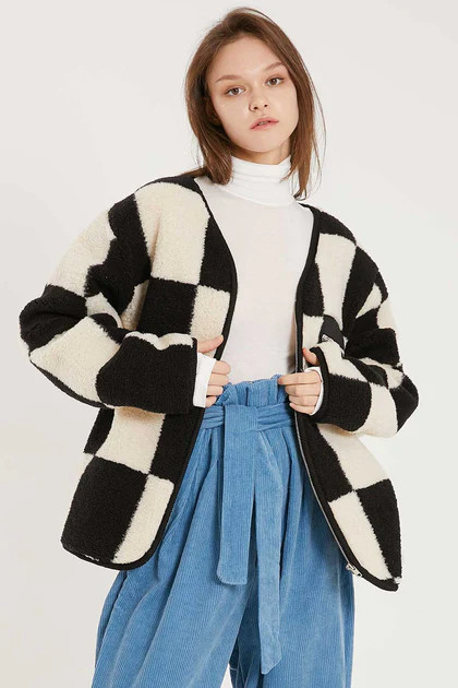 Vera Collarless Checkerboard Fleece Jacket | Storets (Global)