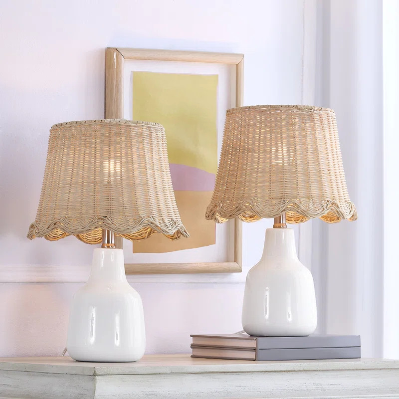 16.5" Coastal Country White Ceramic Table Lamp Handwoven Rattan Shade for Bedroom Living Room (Se... | Wayfair North America