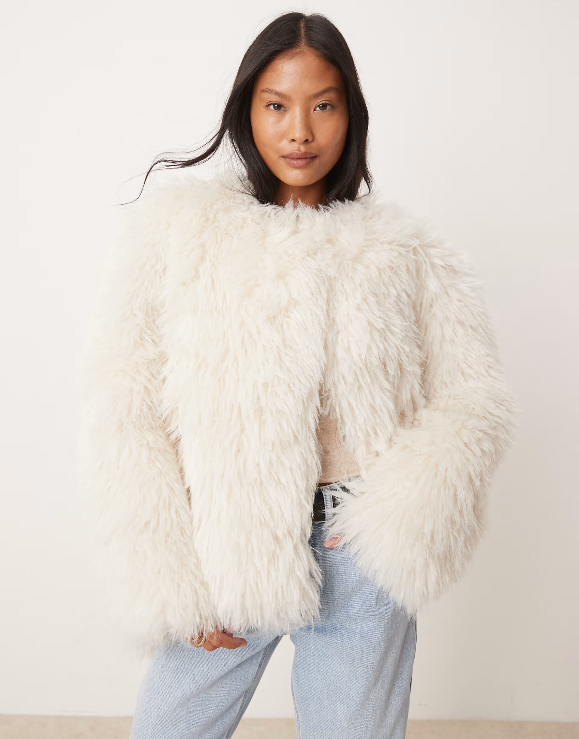 ASOS DESIGN Petite shaggy faux fur jacket in cream | ASOS (Global)