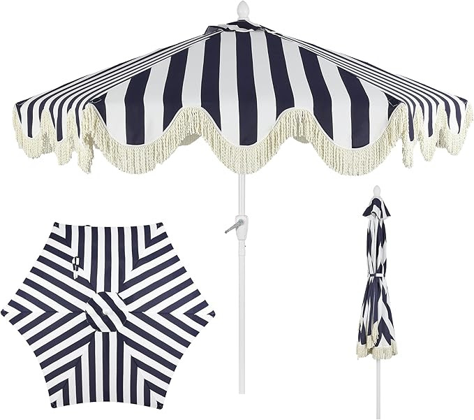 JONATHAN Y UMB1001 Collins 9 ft. Classic Cottage Tassel Market Patio Umbrella with Auto-Tilt, Cra... | Amazon (US)