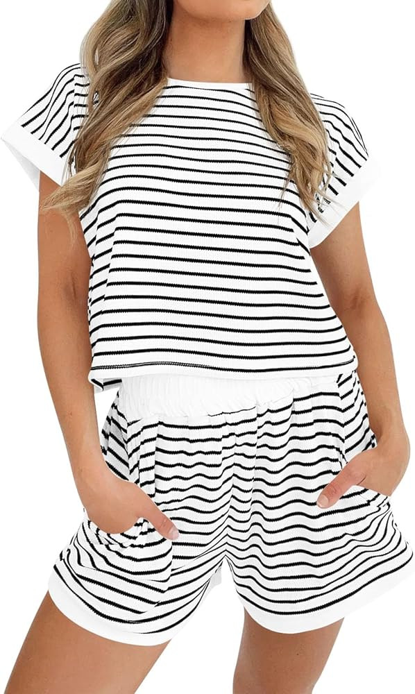 Tankaneo Womens Summer 2 Piece Sets Striped Short Sleeve T Shirts and Shorts Loungewear Matching ... | Amazon (US)