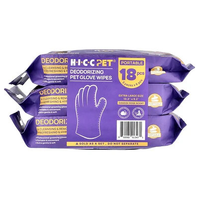 HICC Pet, Deodorizing Pet Glove Wipes, Extra Large, Damask Rose , 3 Pack, 6 Pieces Each | iHerb