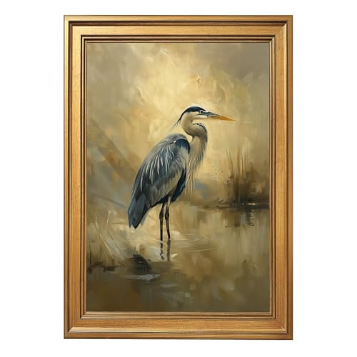 Framed Vintage Blue Heron Watercolor Wall Art Canvas Print Elegant Water Bird Wildlife Painting Farmhouse Serene Bird Poster Retro Nature Picture Wall Decor for Living Room Bedroom 12x16inch Gold | Amazon (US)