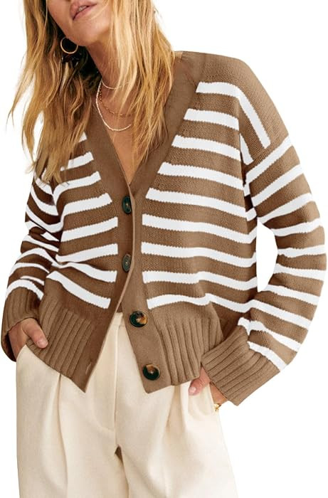 Saodimallsu Womens Striped Cardigan Sweaters V Neck Button Down Long Sleeve Open Front Ribbed Kni... | Amazon (US)