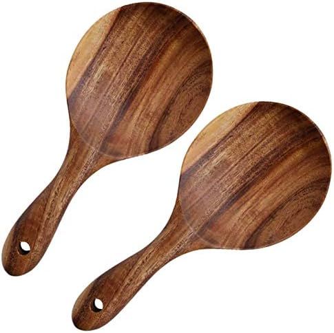 EORTA 2 Pack Rice Paddle Spoon Natural Wood Non-stick Rice Scooper with Round Shallow Head Food Serv | Amazon (US)