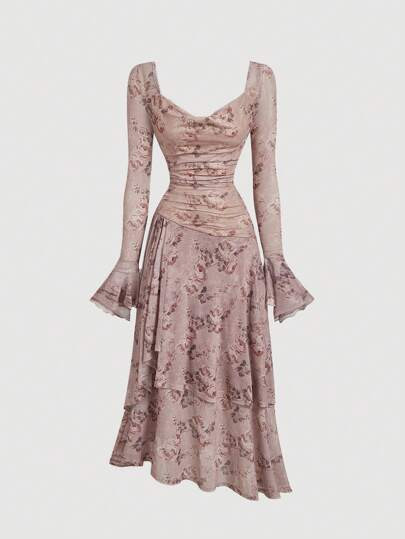 SHEIN MOD Women's Vintage Floral Print Long Sleeve Knitted Dress, Fall Dress,Green Long Sleeve Dr... | SHEIN