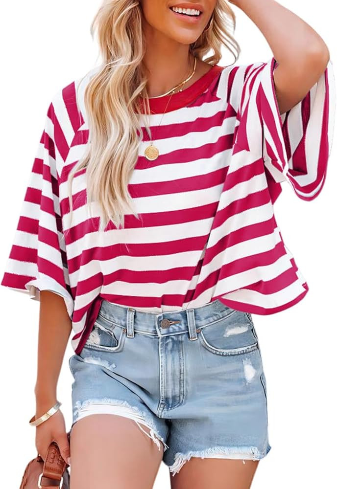 Dokotoo Tops for Women Striped 2024 Fashion T Shirts for Women Color Blocking Design Loose Basic ... | Amazon (US)