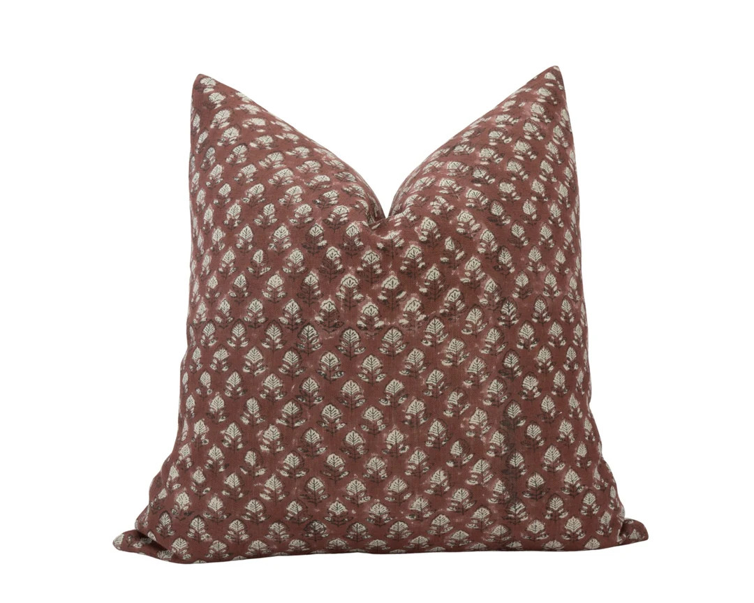 MIRA || Dark Burgundy Floral Pillow Cover Burgundy Block Print Pillow Floral Linen Pillow Farmhou... | Etsy (US)