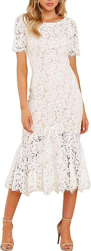 MERMAID'S CLOSET Womens White Floral Lace Bodycon Cocktail Party Elegant Long Mermaid Dress | Amazon (US)