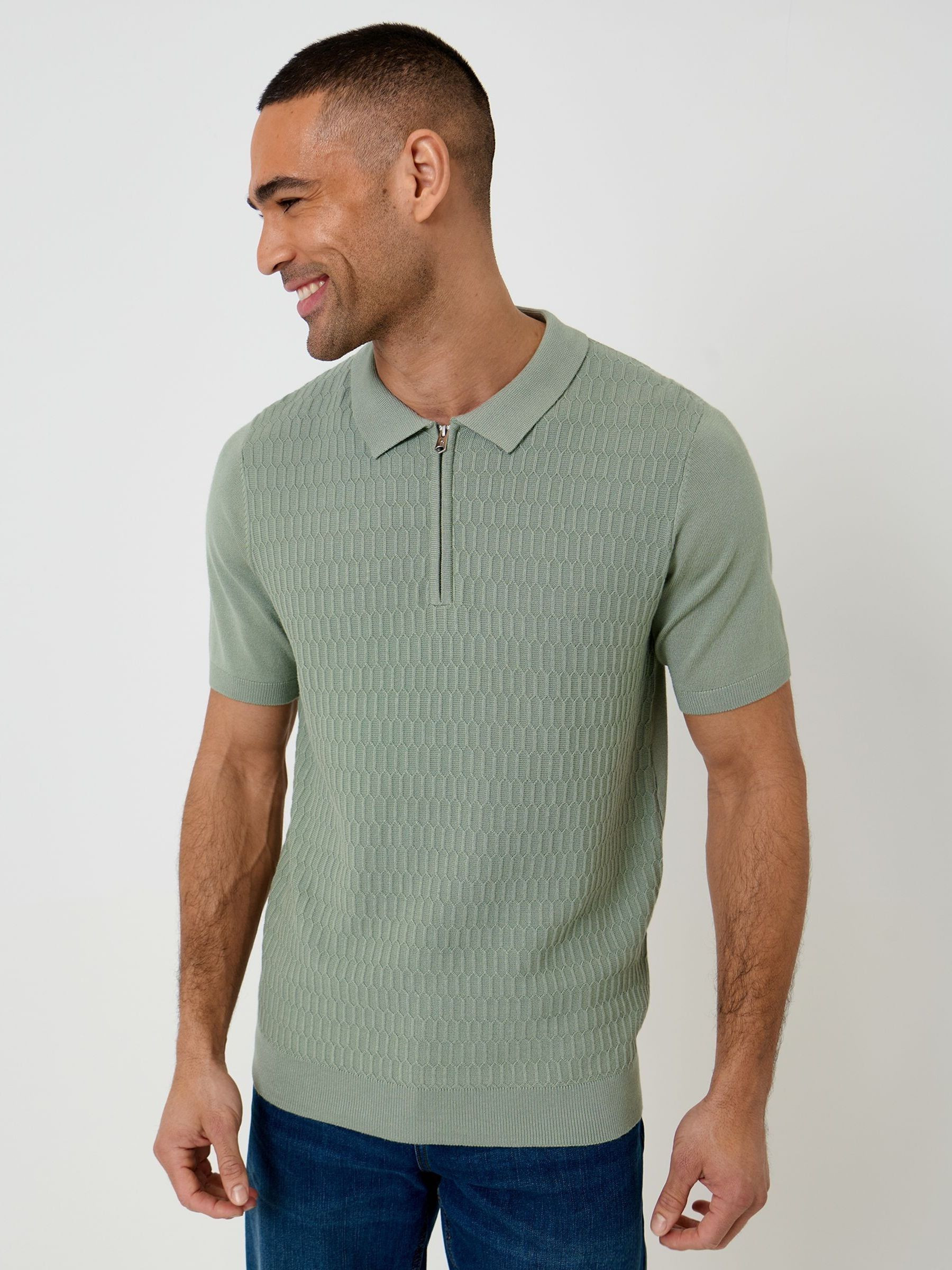 Threadbare Threadbare Green Textured Knit Quarter Zip Polo Shirt | Next US