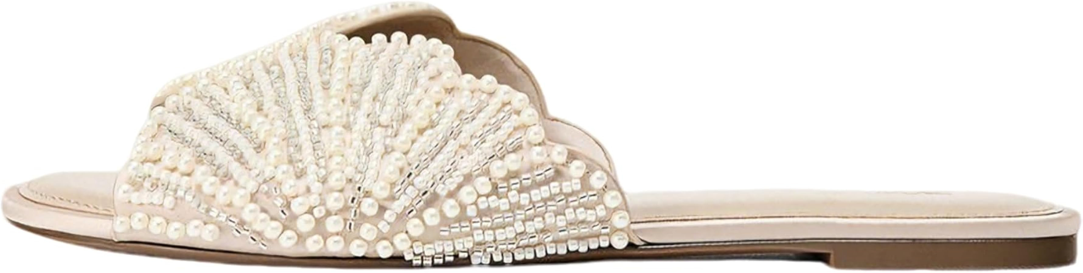 keleimusi Women's Shell Slides Open Round Toe Pearls Flat Sandals for Women Bride Wedding Summer ... | Amazon (US)