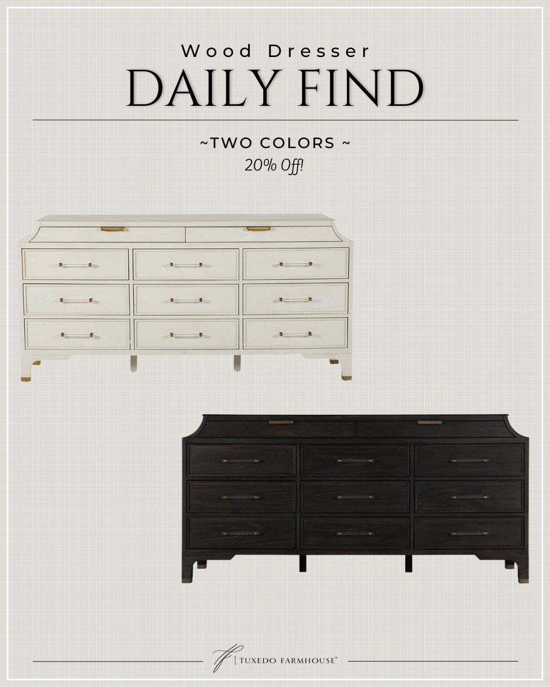 The Alexandra Dresser combines timeless elegance with modern functionality, making it a perfect addition to any sophisticated bedroom. Crafted with meticulous attention to detail, this dresser features a smooth, finish that highlights the natural beauty of the wood. The dresser is adorned with nine spacious drawers, each with an acrylic handle, offering ample storage for clothing and linens, while the two narrow drawers at the top provide excellent storage for smaller accessories. Each drawer is accented with sleek, brass-finished handles, adding a touch of glamour to the piece. The subtle curves and clean lines of the dresser's design lend it a refined and classic look, while the sturdy mahogany construction ensures durability. Ideal for organizing your wardrobe in style, the Alexandra Dresser effortlessly blends practicality with luxury, elevating the decor of any room. 

 #LTKSeasonal #LTKHome