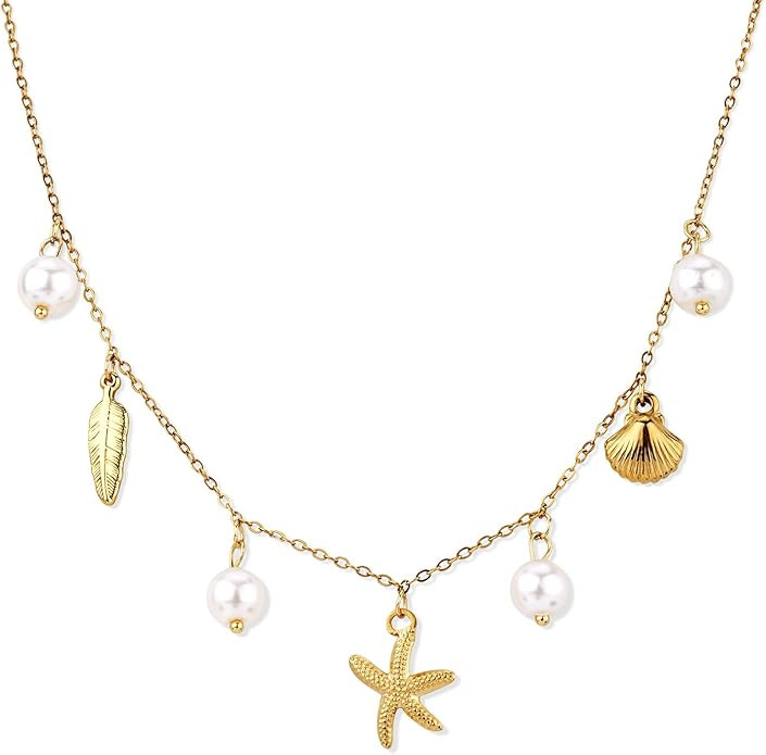 Women's Pendant Necklace, Delicate Beach Hexagram Star Pendant Cute Shell Starfish Pearl Necklace... | Amazon (US)