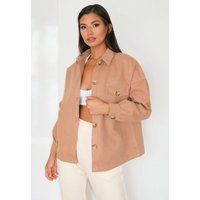 Petite Camel Brushed Button Down Shacket | Missguided (US & CA)