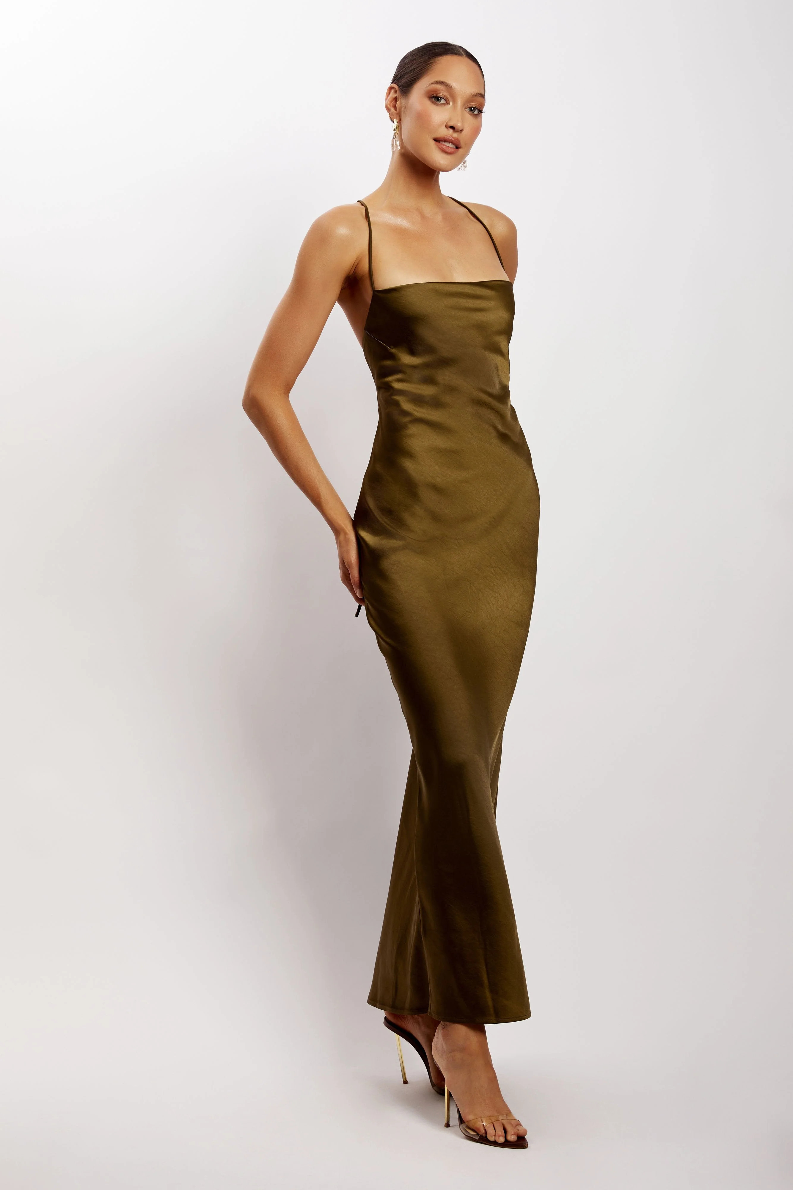 Sydney Straight Neck Slip Maxi Dress - Khaki | MESHKI US