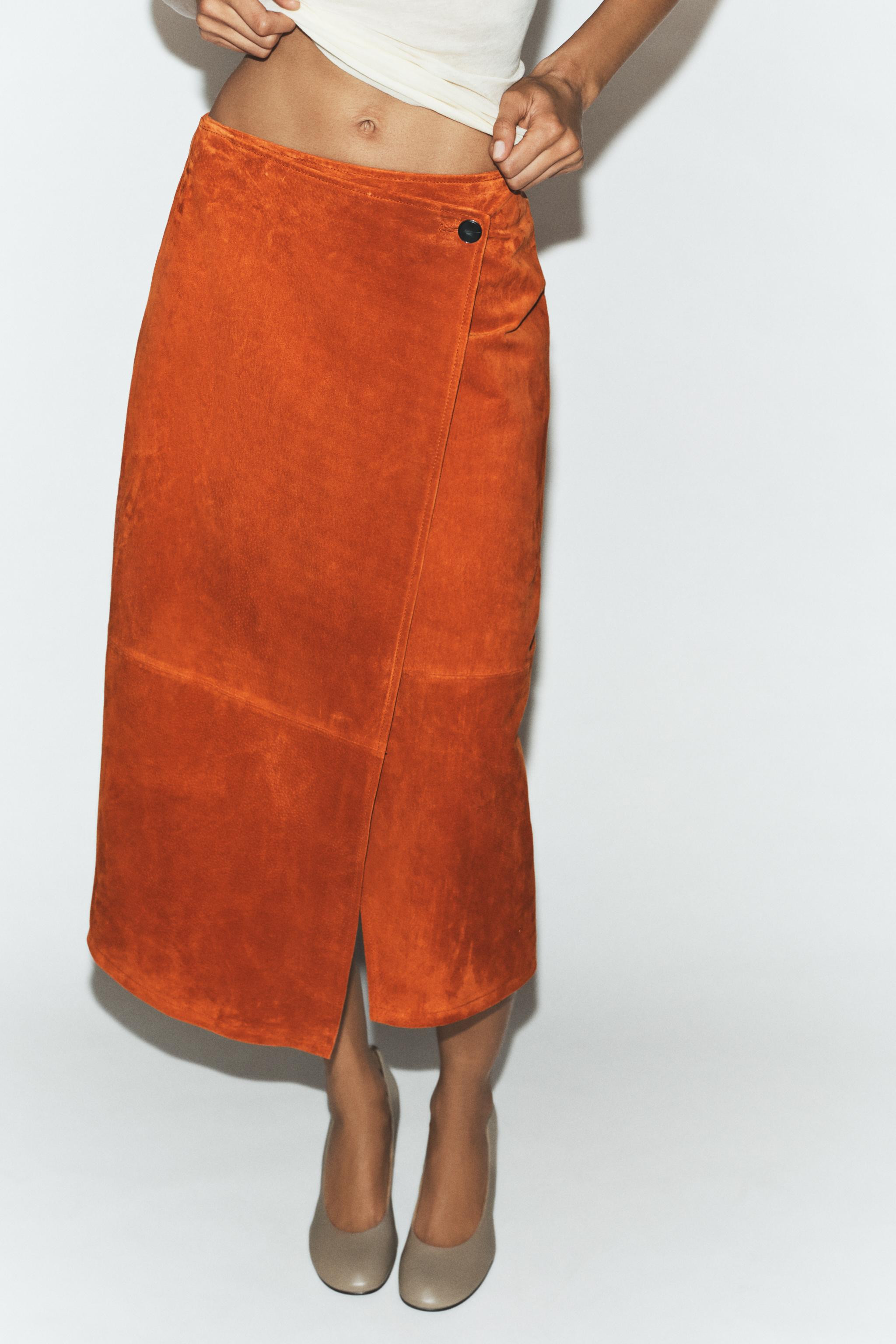 100% SUEDE LEATHER WRAP MIDI SKIRT | Zara US